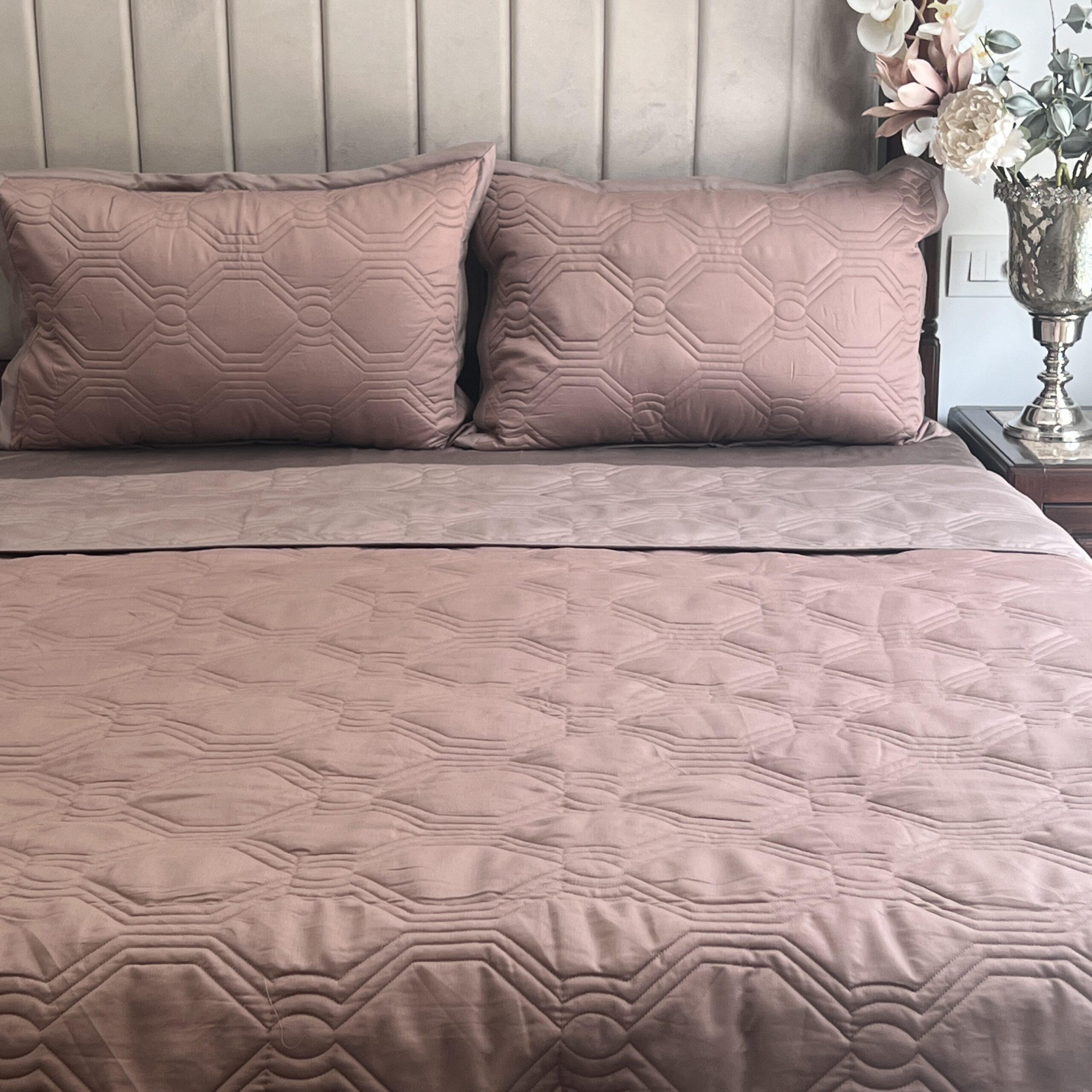 Quilted Brandy Rose And Taupe Instar Reversible Bedspread
