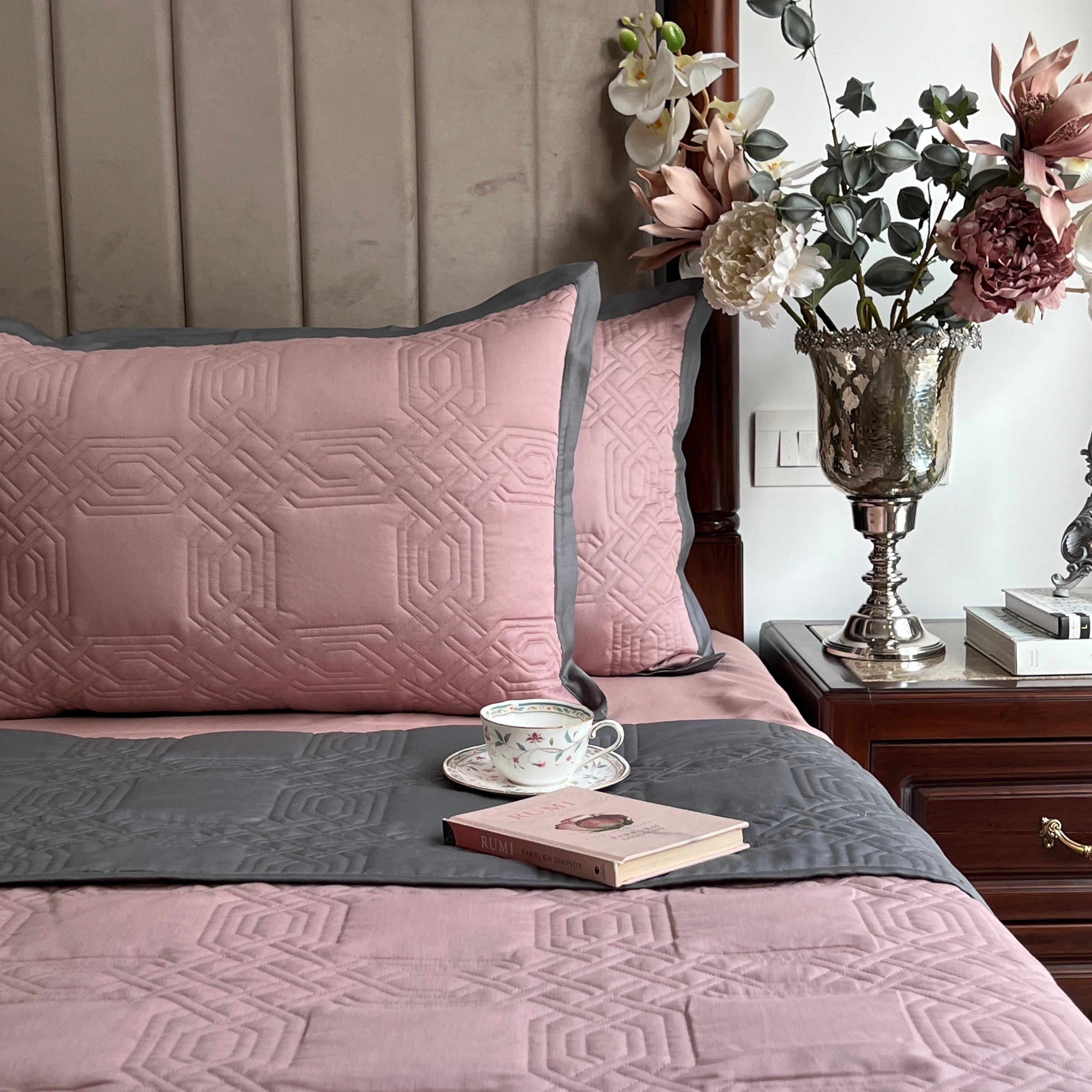 Quilted Old Rose and Dark Grey Ornate Reversible Bedspread