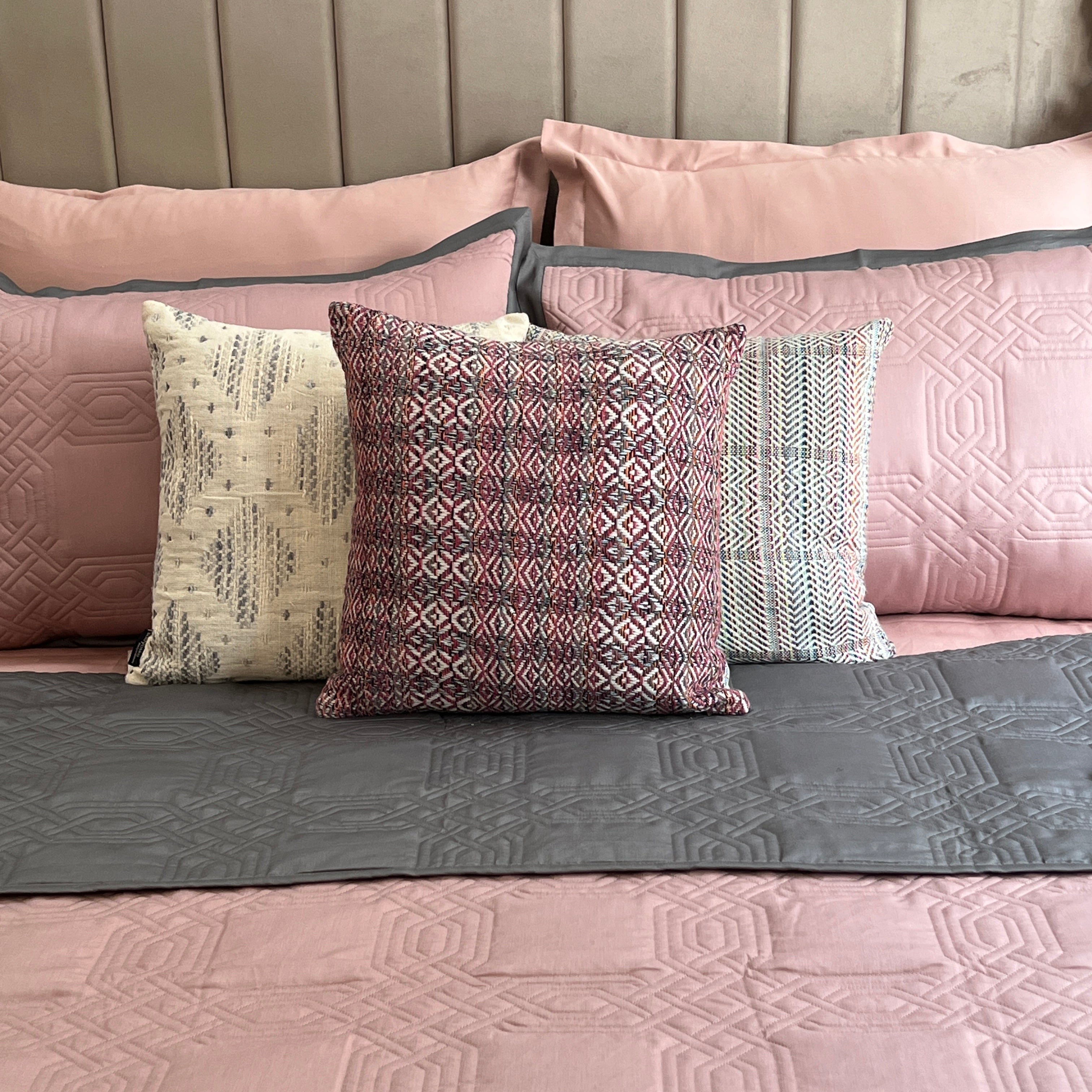 Quilted Old Rose and Dark Grey Ornate Reversible Bedspread