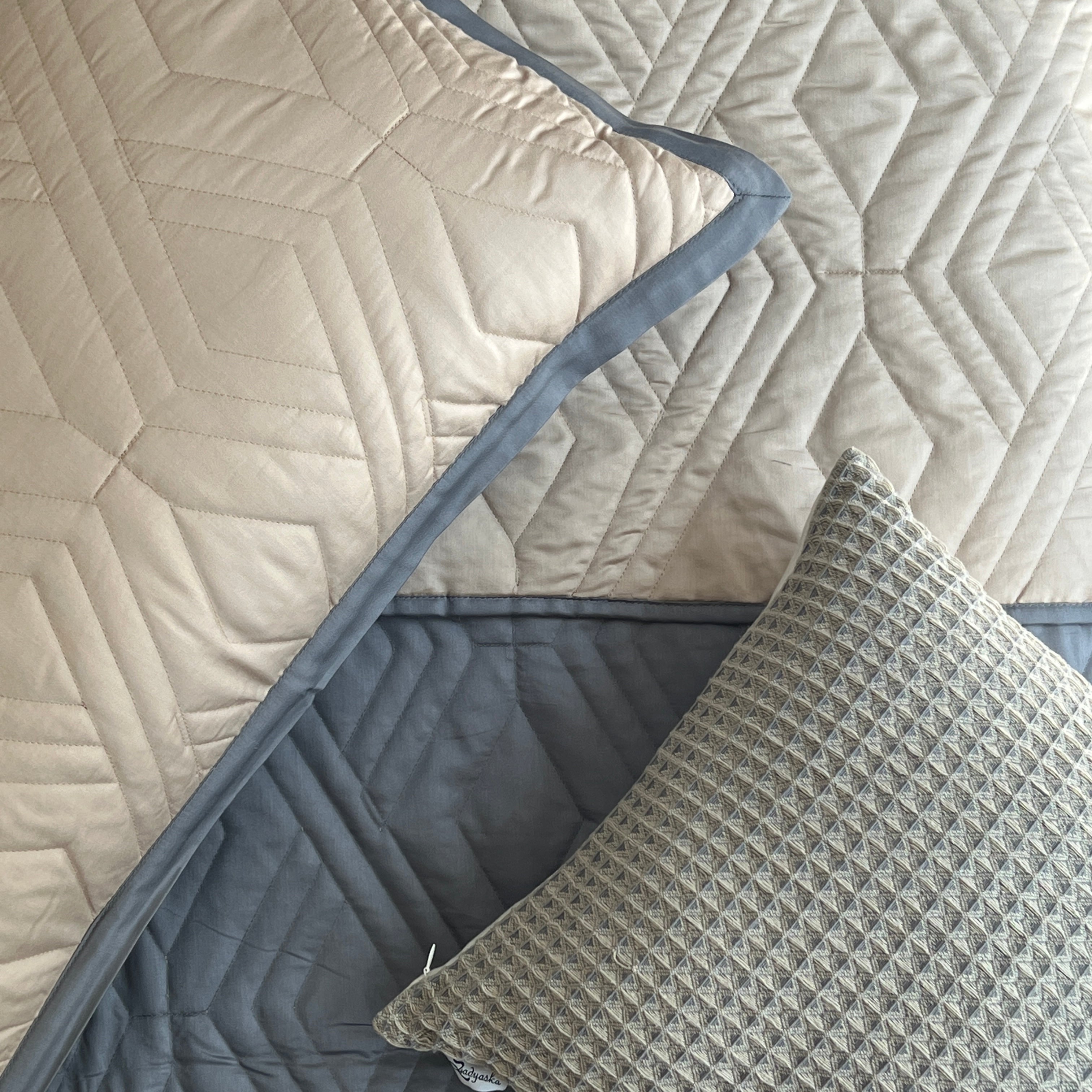 Quilted Sand and Dark Grey Rhombic Reversible Bedspread