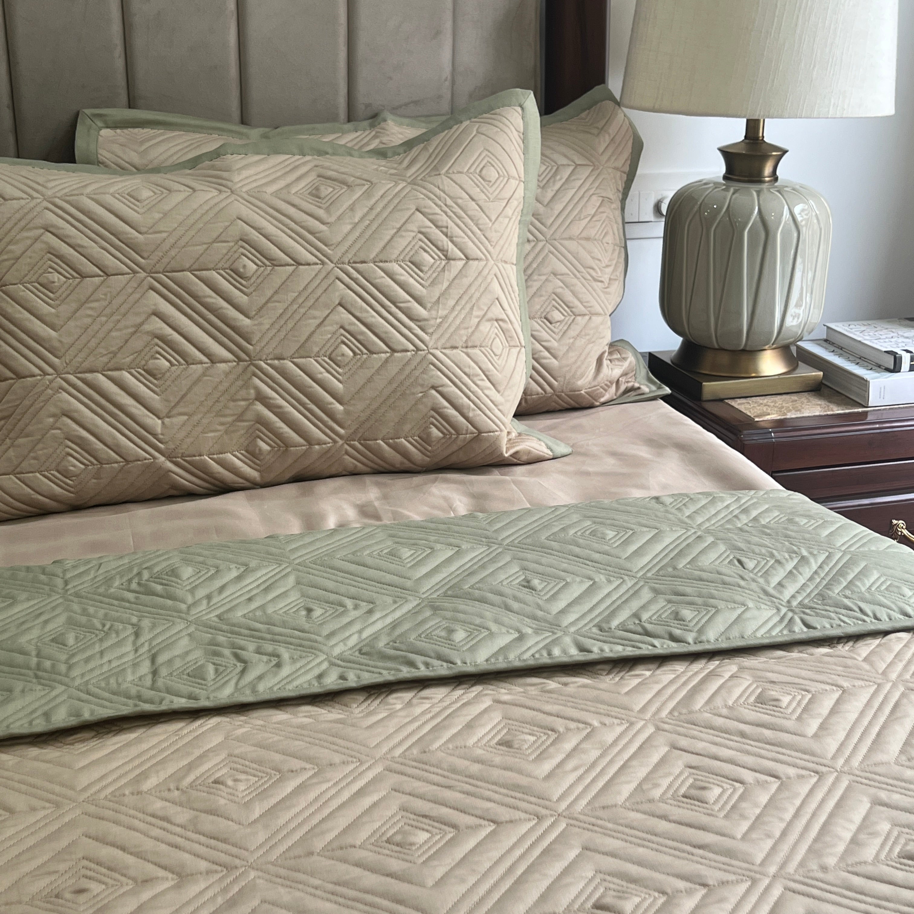Quilted Forest Green and Sand Ripple Reversible Bedspread