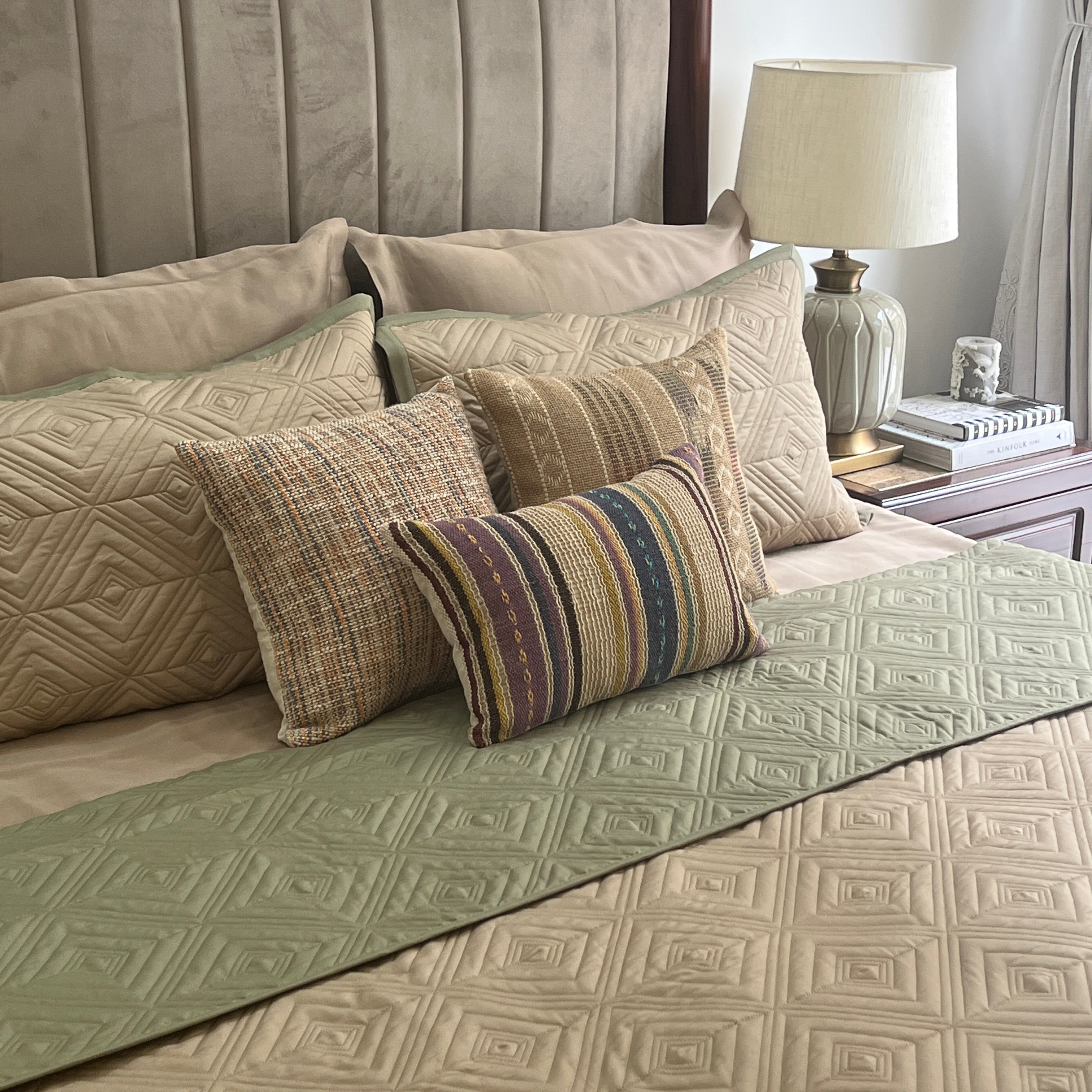Quilted Forest Green and Sand Ripple Reversible Bedspread