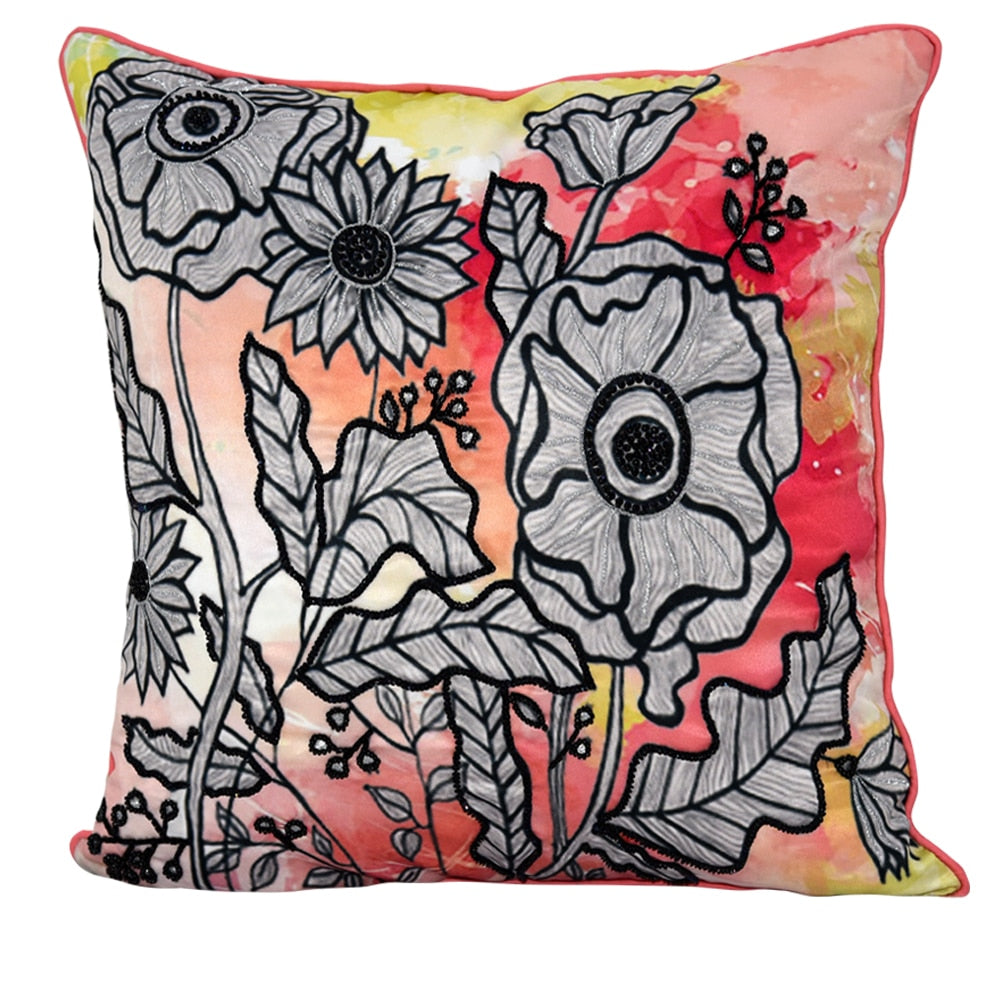 Digital Floral Printed Polyester Cushion Cover Hand & Manual Embroidered Premium Quality Cushion Cover Orange 16" X 16"…