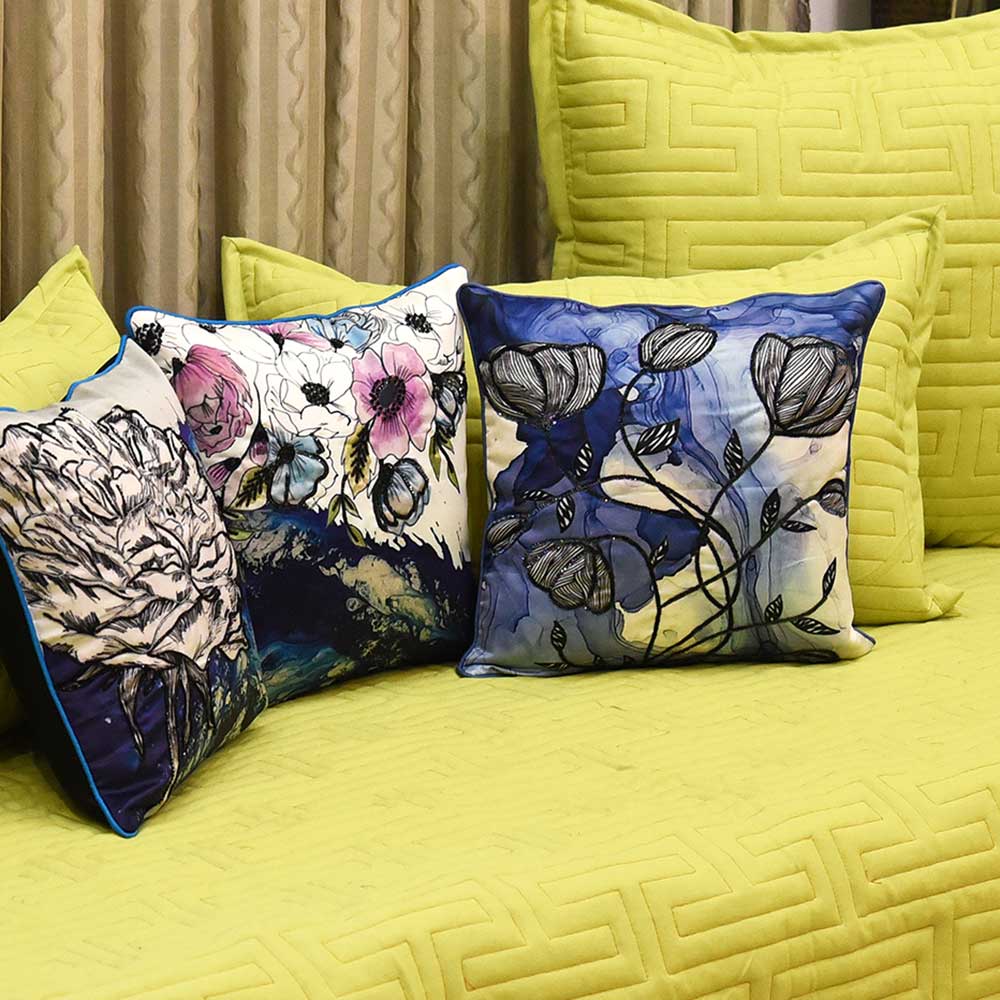 Silverbell Floral Digital Print Polyester Cushions & Cushion Cover Blue 16" X 16"…