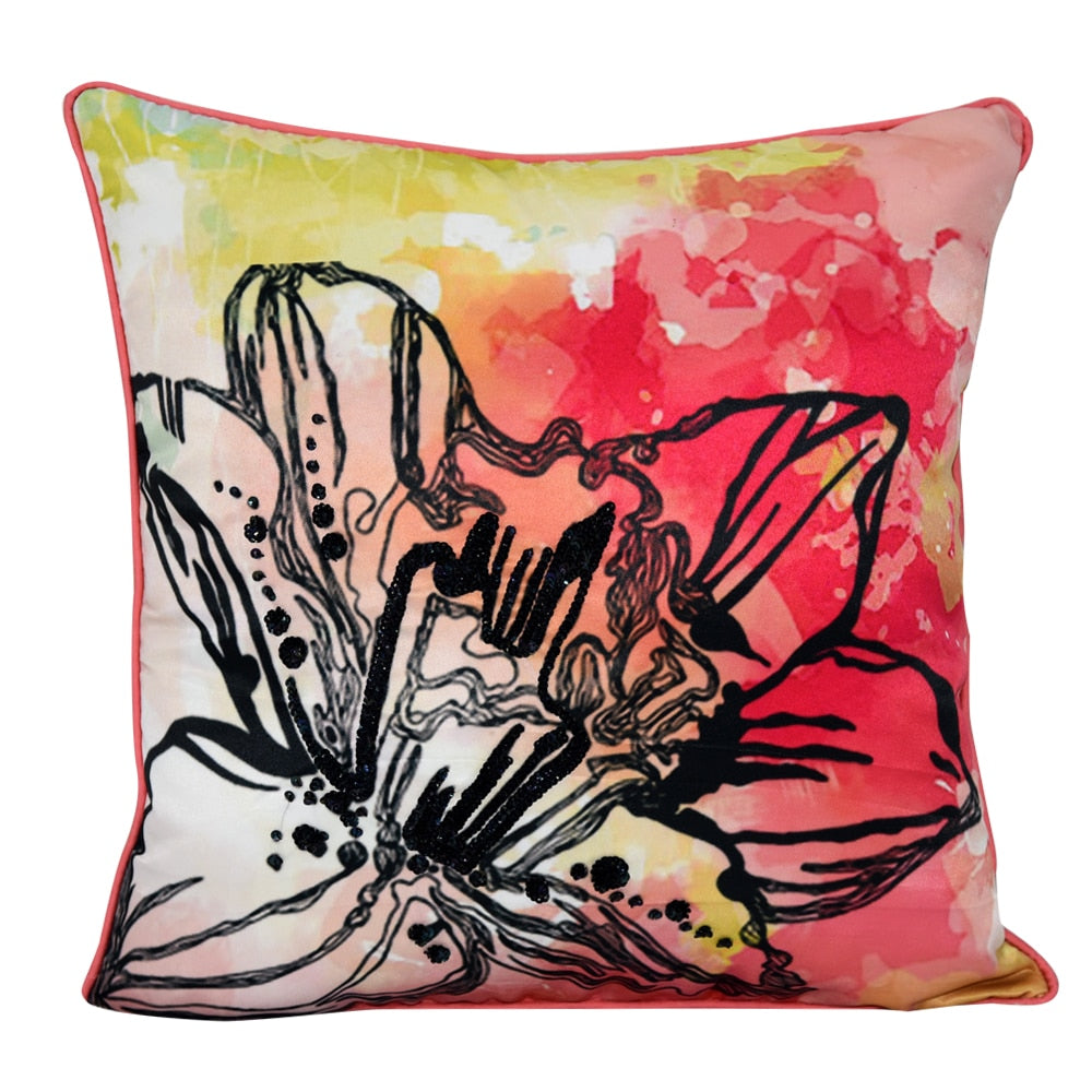 Polyester Designer Lily Digital Printed Cushion Cover 16" X 16" Home Decor Office Living Room Sofa Car Chair Floral Printed Cushion Cover…