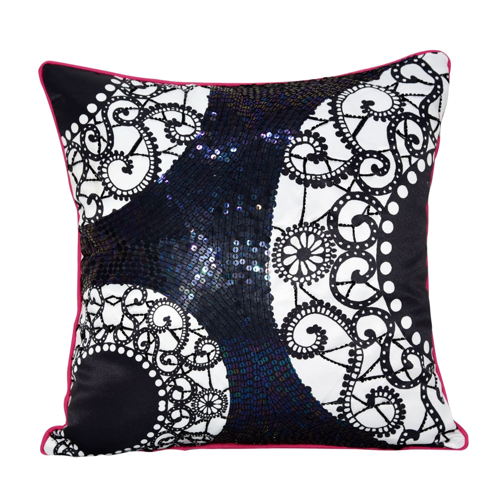 Hand Embroidered Abstract Design Cushion Cover 16" X 16" Black and White Digital Printed Cushion Case…