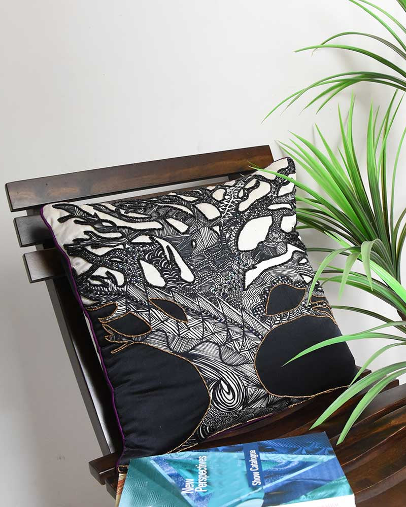 Designer Cushion Case Nature and Floral Garbrielle Digital Print Cushion Cover Hand Sketched Tree Pillow Cushion Case Black and White 16" X 16"…