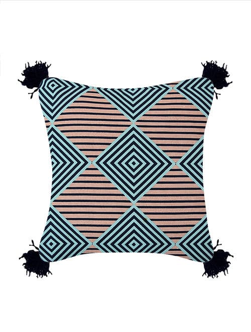Geometric Cushion Cover with Tassels 16x16 Hand Crafted Decorative Blue Sofa Cushion Case…
