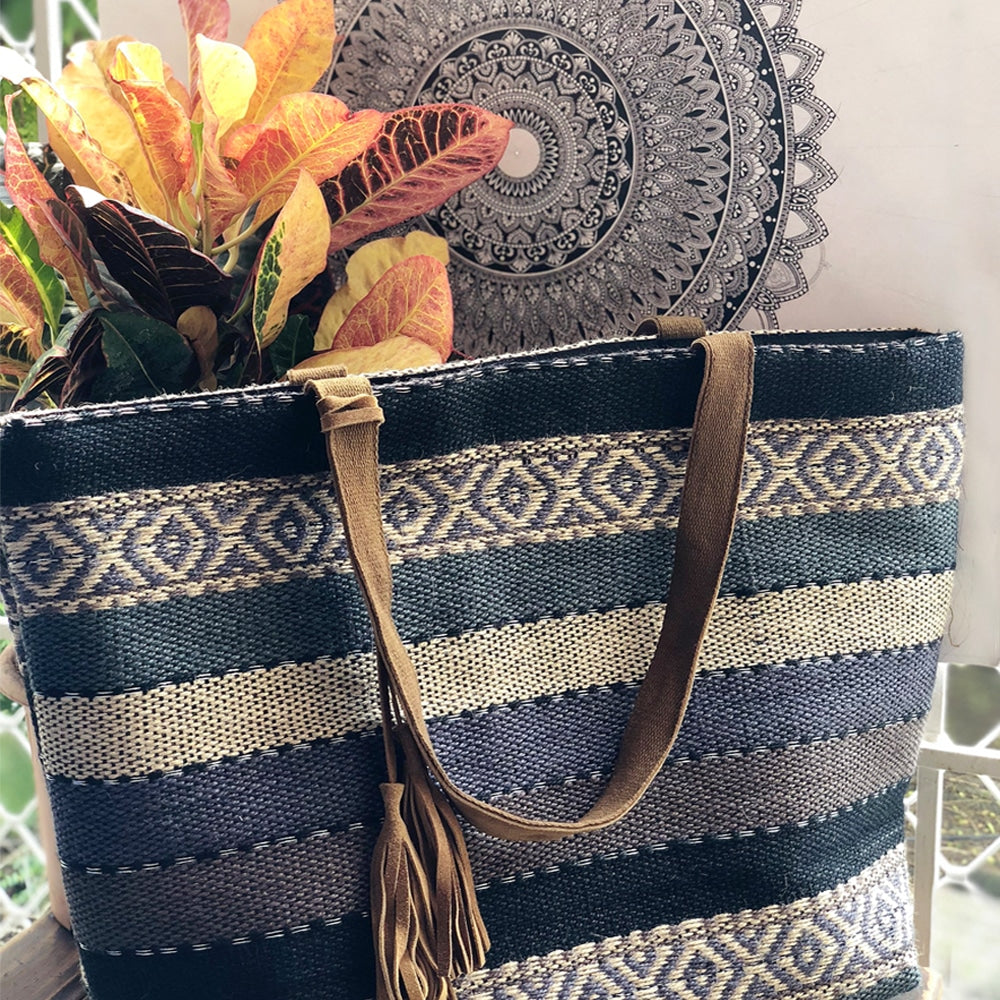 Hand Woven Jute Tote Bag with Inner Snap Closure