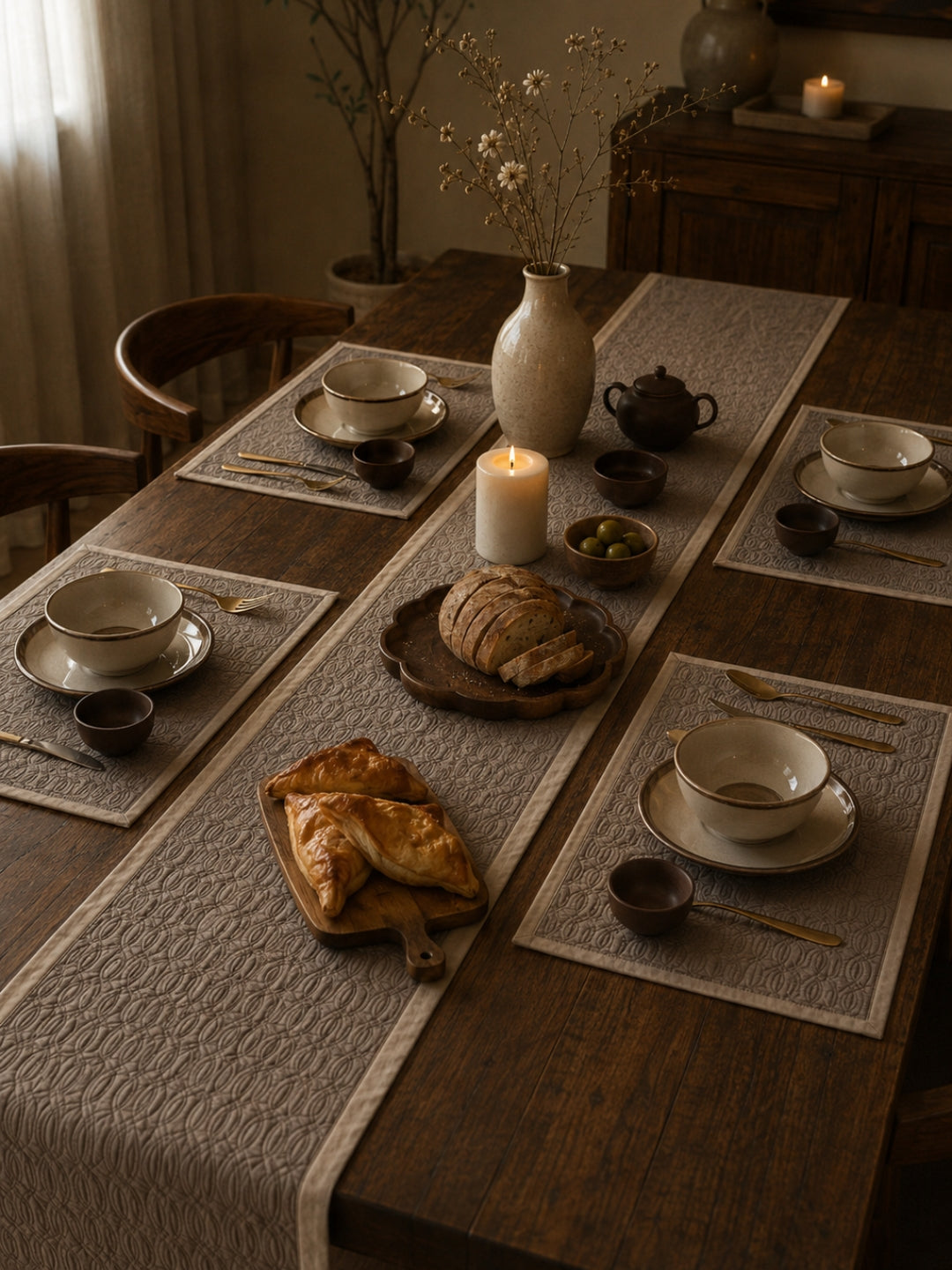 Ellipso Beige Taupe Quilted Table Linen Set (9 PC Set)