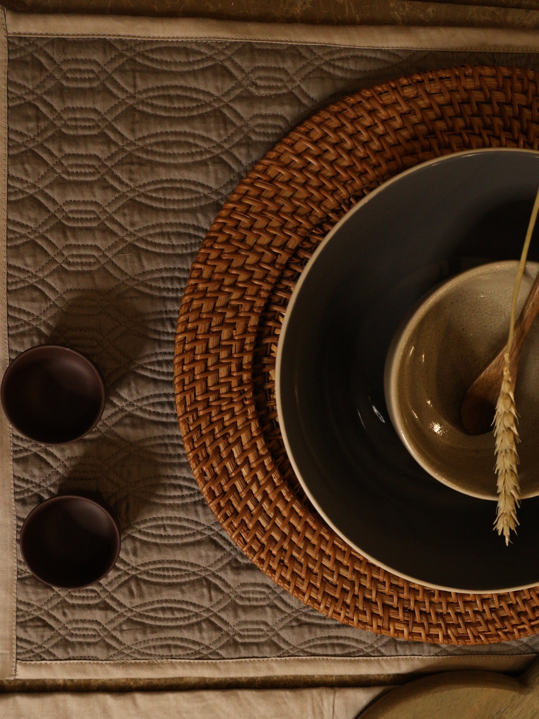 Ellipso Beige Taupe Quilted Table Linen Set (9 PC Set)