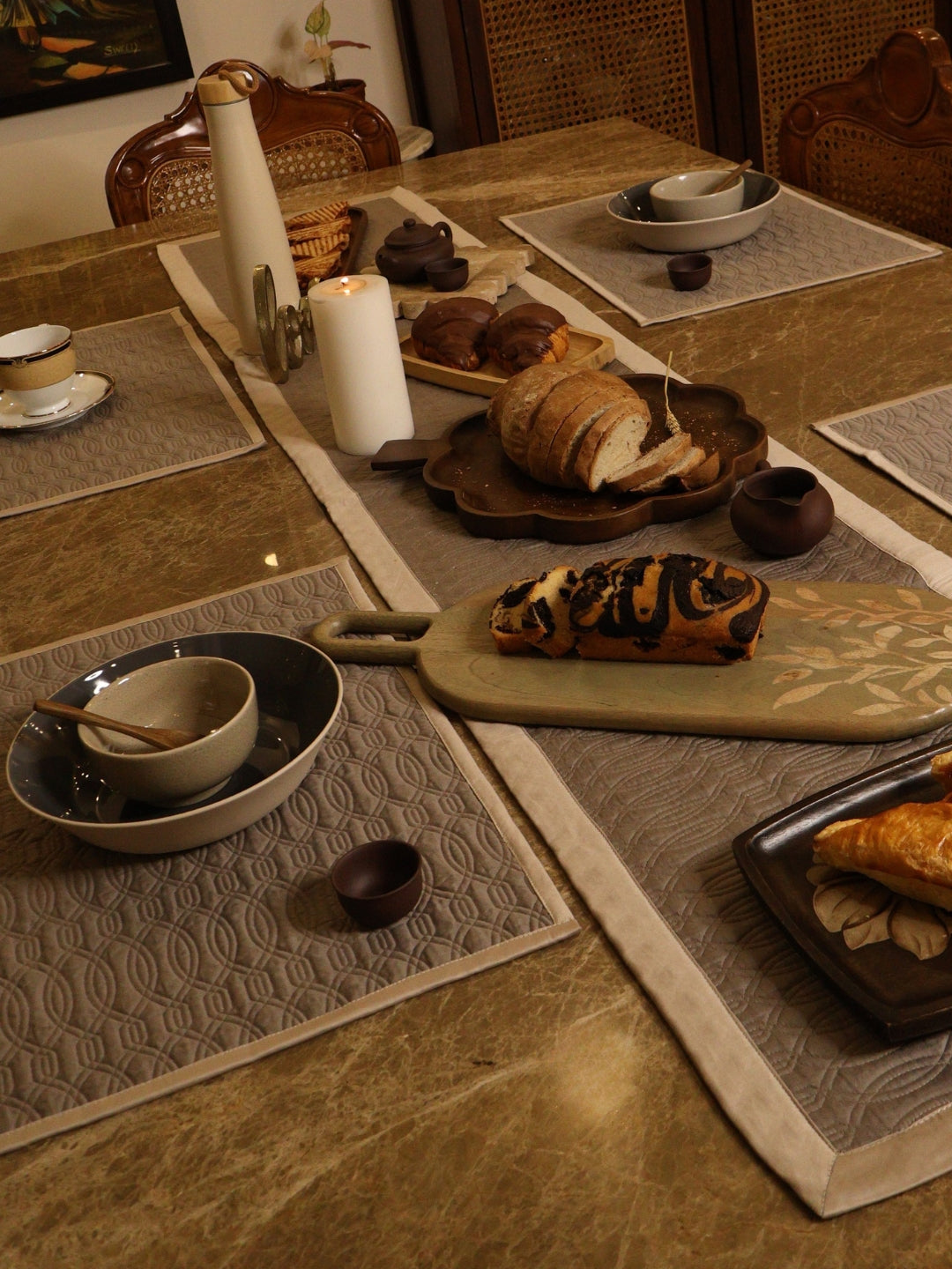 Ellipso Beige Taupe Quilted Table Linen Set (9 PC Set)