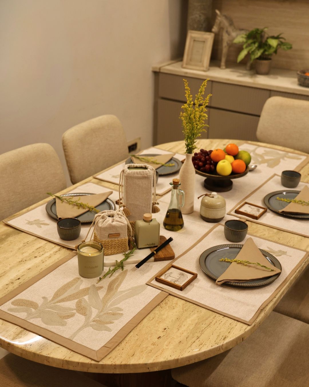 Palm Haven Hazel Beige Table Linen Set (13 PC Set)
