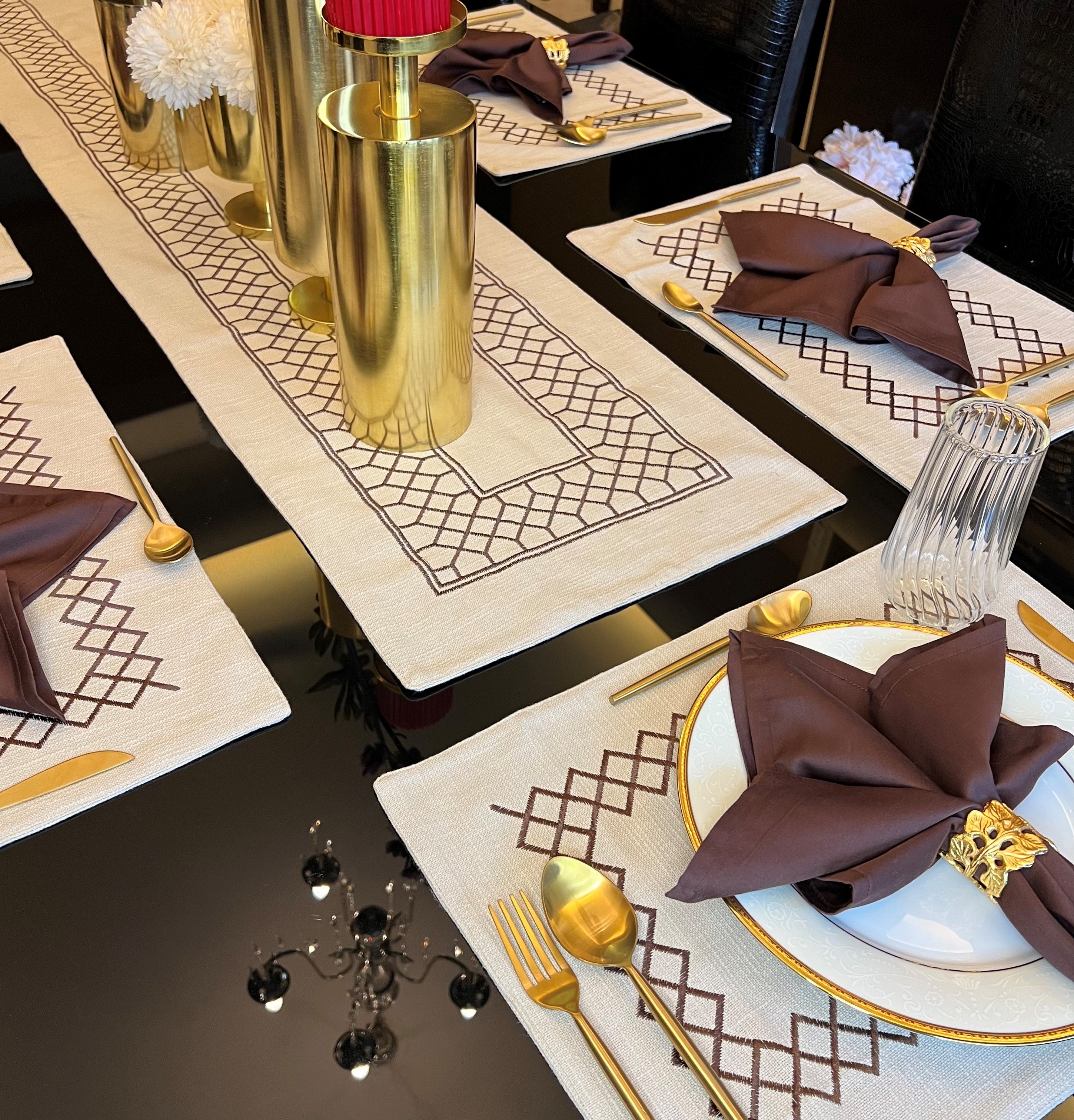 Zigzag Beige Table Linen Set (13 PC Set)