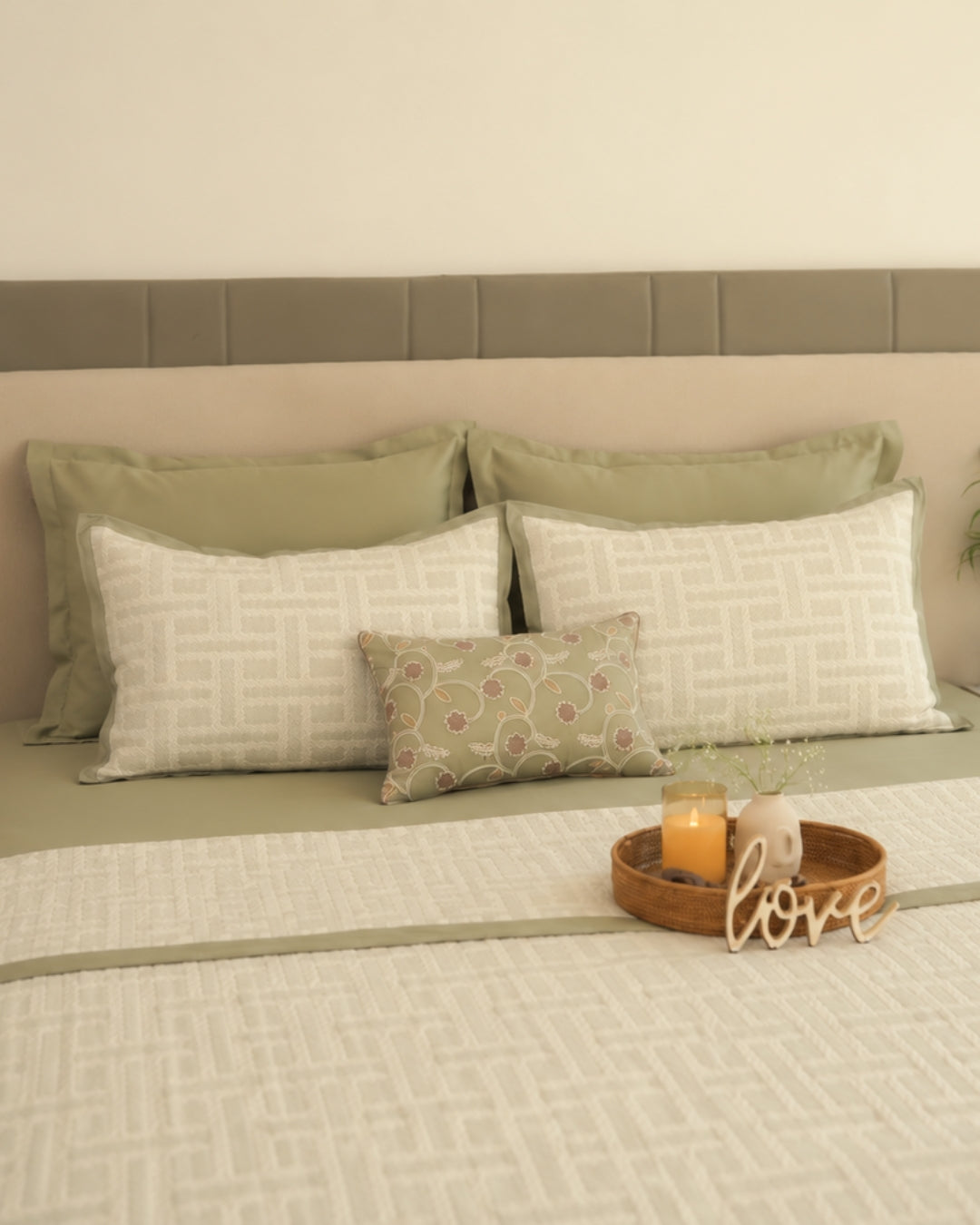 Arco Sage Green Cotton Jacquard Bedding Set (10 PC Set)