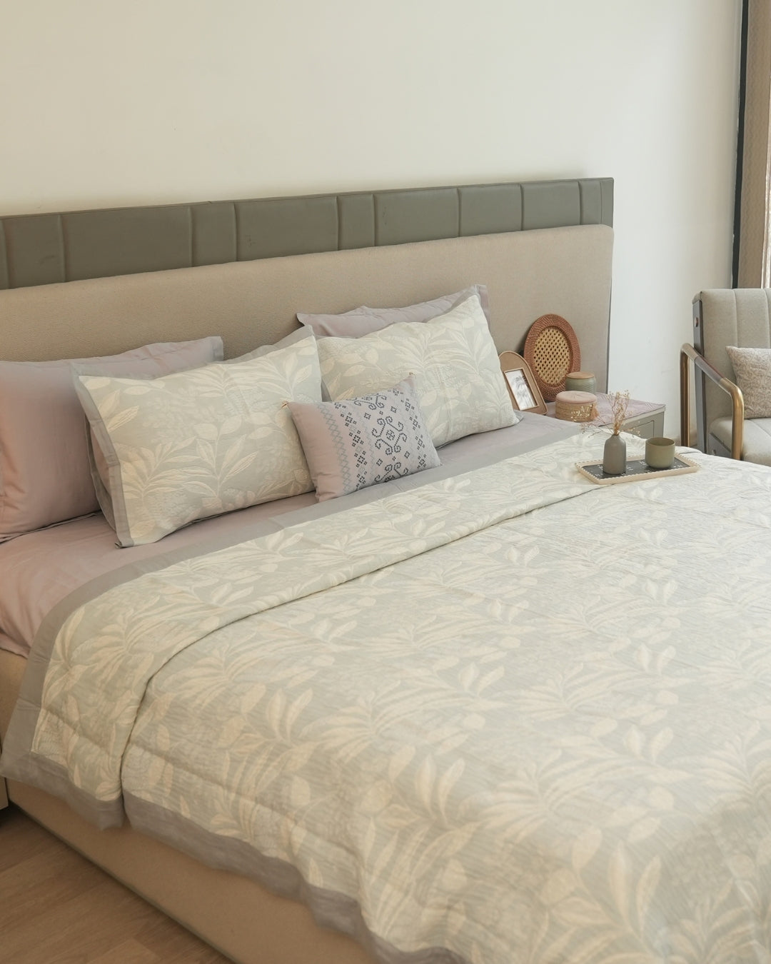 Fleur Blue Cotton Jacquard Bedding Set (10 PC Set)