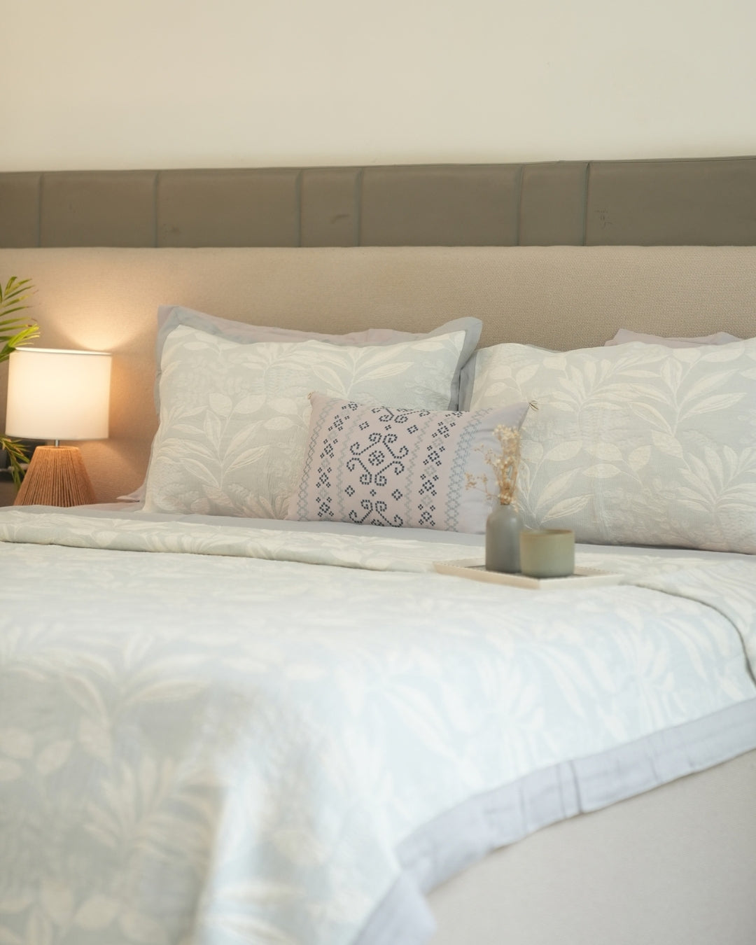 Fleur Blue Cotton Jacquard Bedding Set (10 PC Set)