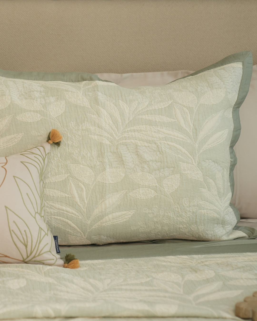 Fleur Sage Green Cotton Jacquard Bedspread Set