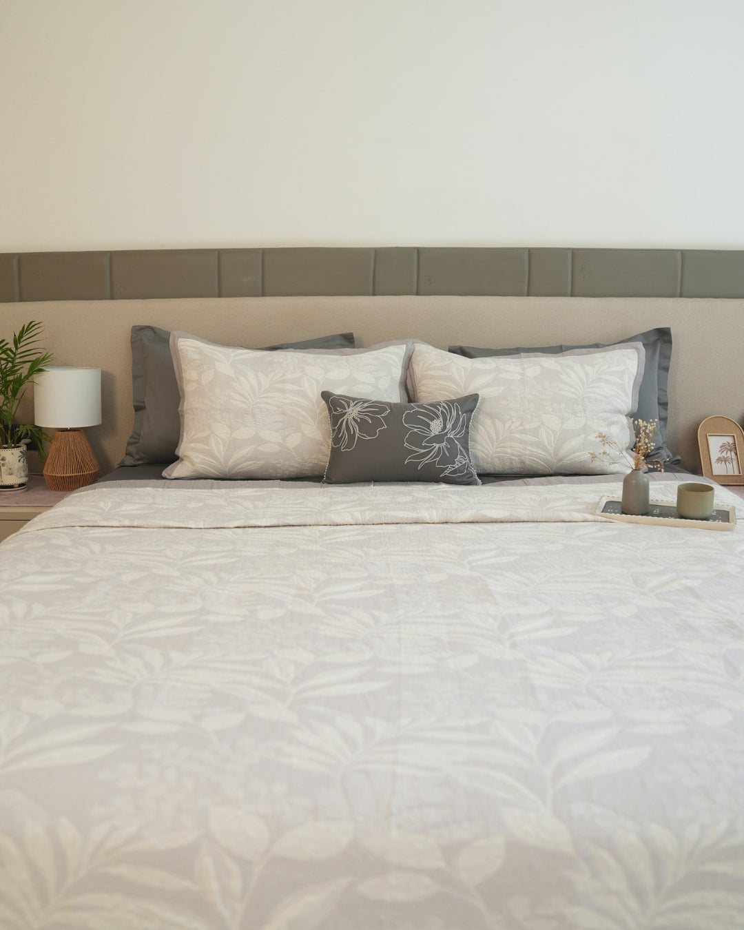 Fleur Grey Cotton Jacquard Bedding Set (10 PC Set)