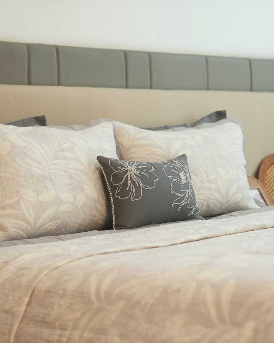 Fleur Grey Cotton Jacquard Bedding Set (10 PC Set)