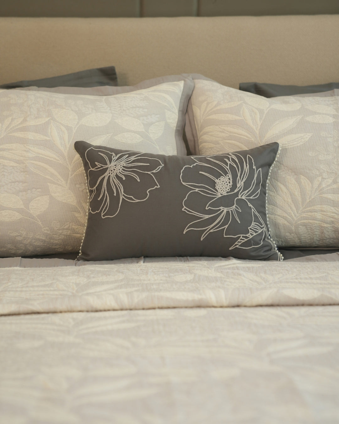 Fleur Grey Cotton Jacquard Bedding Set (10 PC Set)