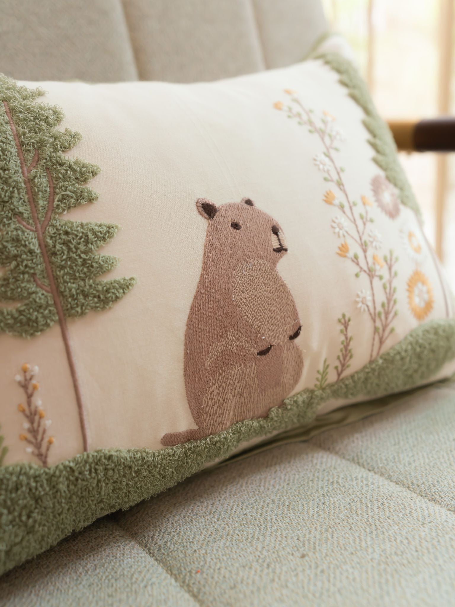 Snuggle Safari Cotton Embroidered Oats Beige Cushion Cover Kids Design 12" X 18"