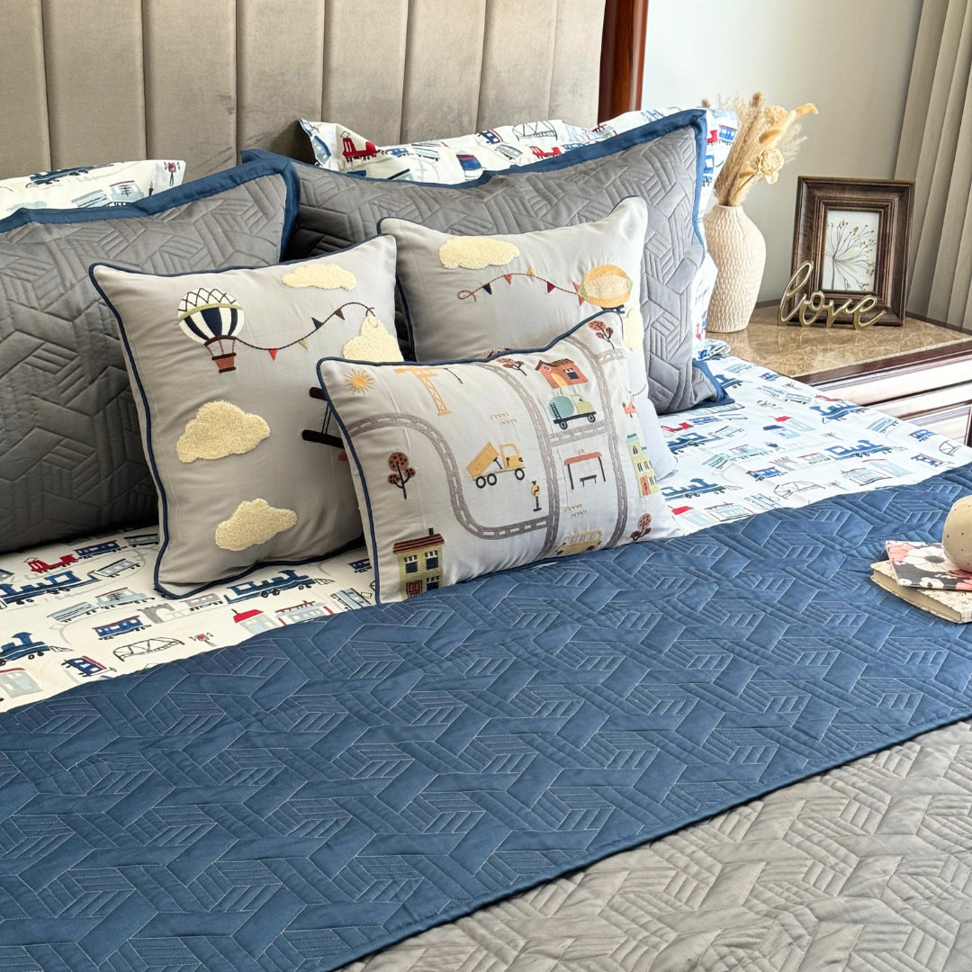 Quilted Navy and Dark Grey Camille Reversible Bedspread