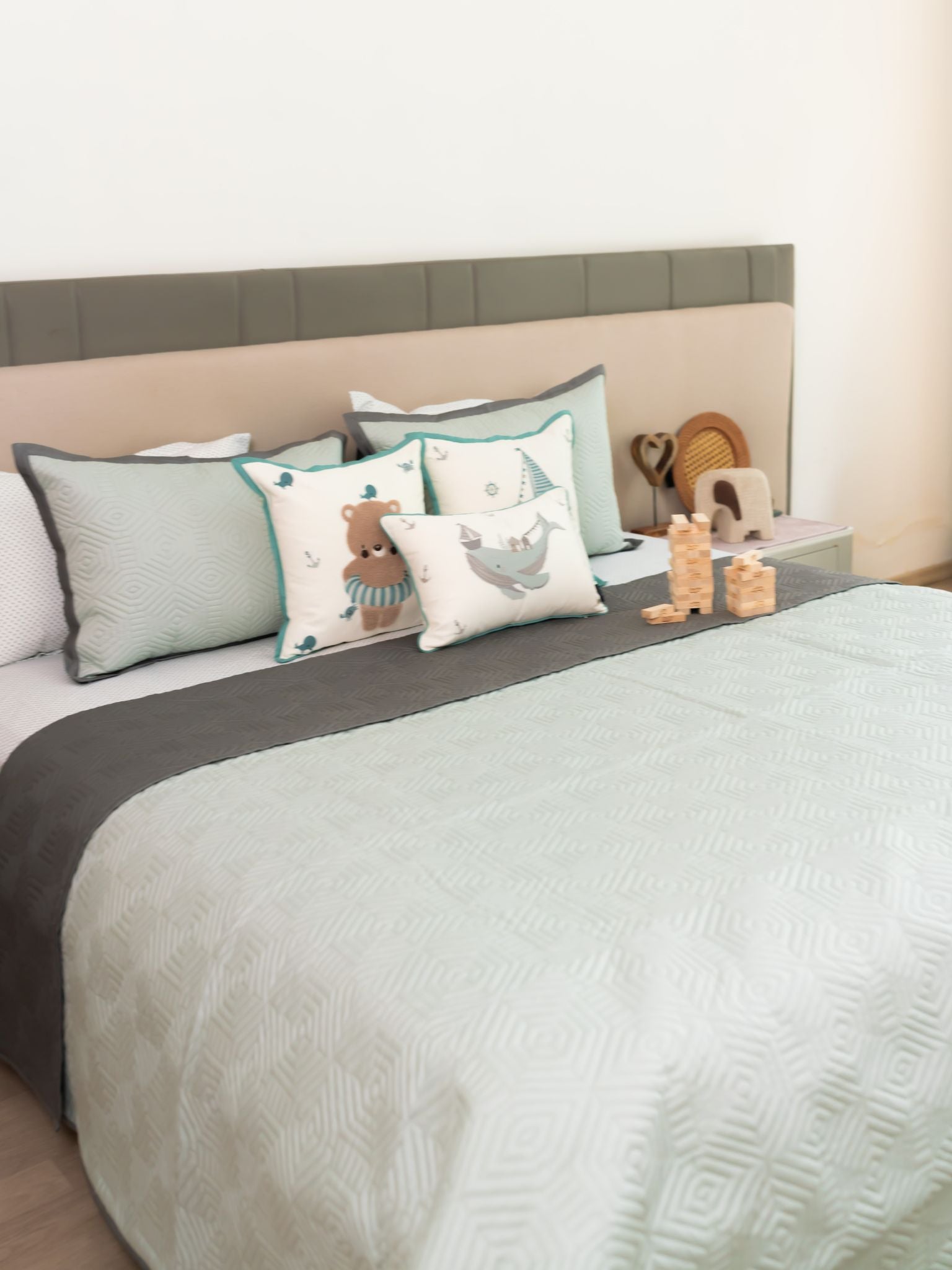 Under The Sea Sage Green Dark Grey Kids Cotton Rich Bedding Set (10 PC Set)