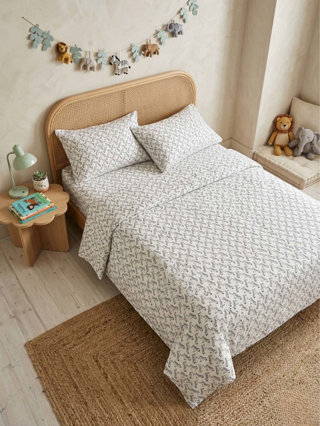 White Zebra Ivory Printed Cotton Kids Bedsheet Set