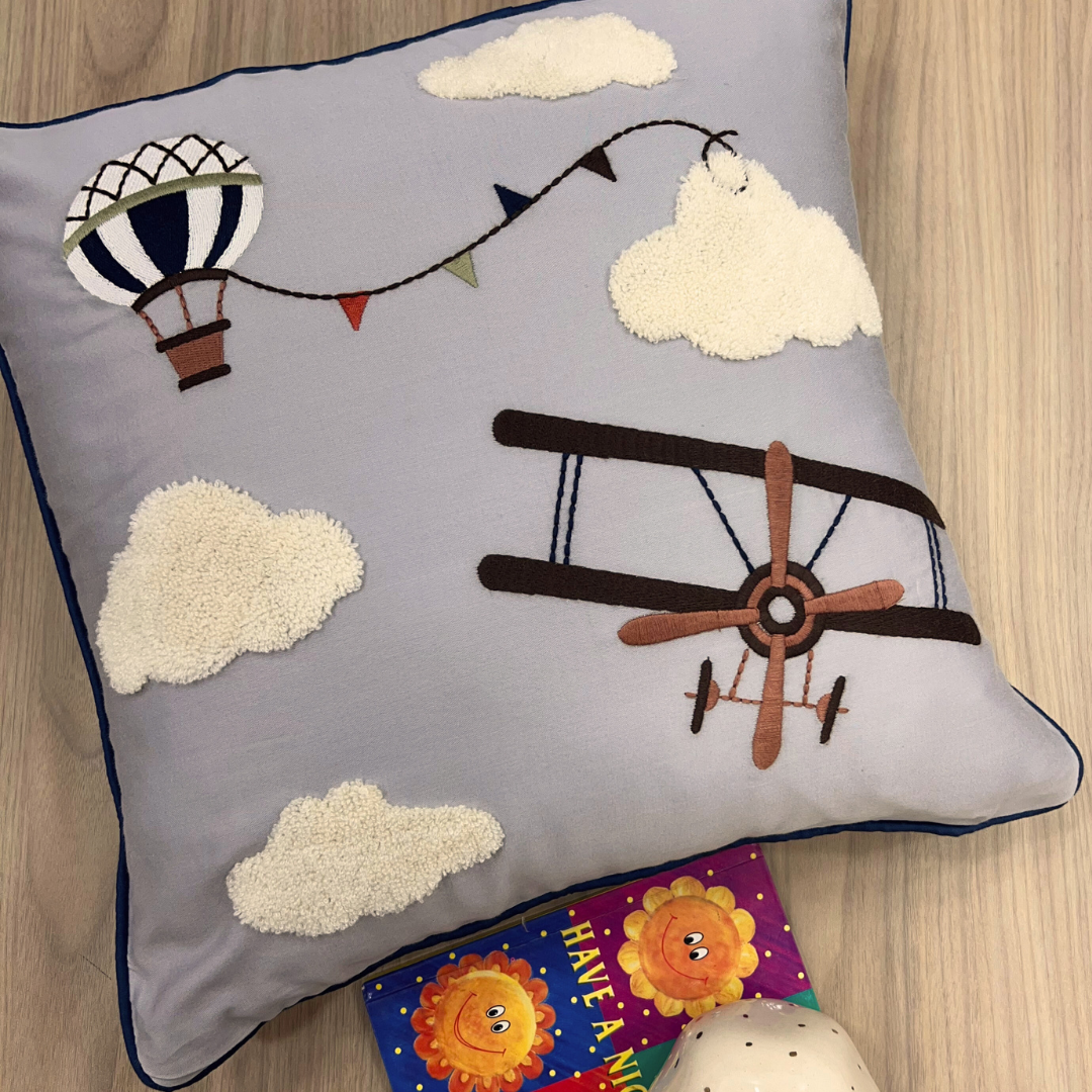 Wright Brothers Cotton Embroidered Grey Cushion Cover Kids Design 16" X 16"