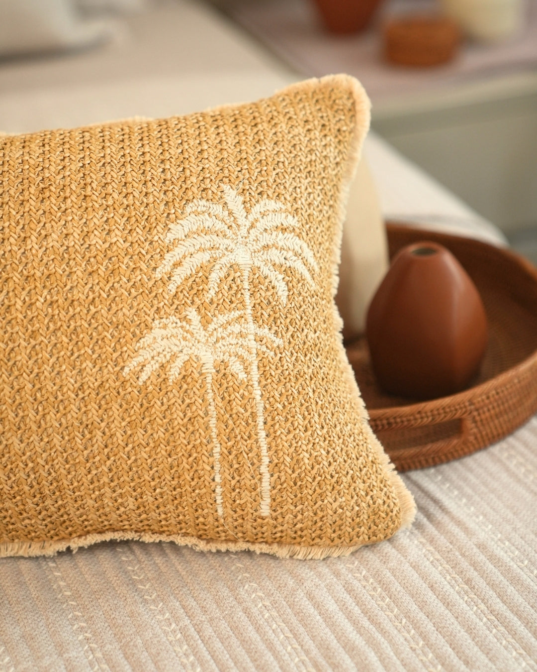 Coco Palm | Palm Springs Embroidered Oats Beige Cushion Cover (Size : 12"X18")
