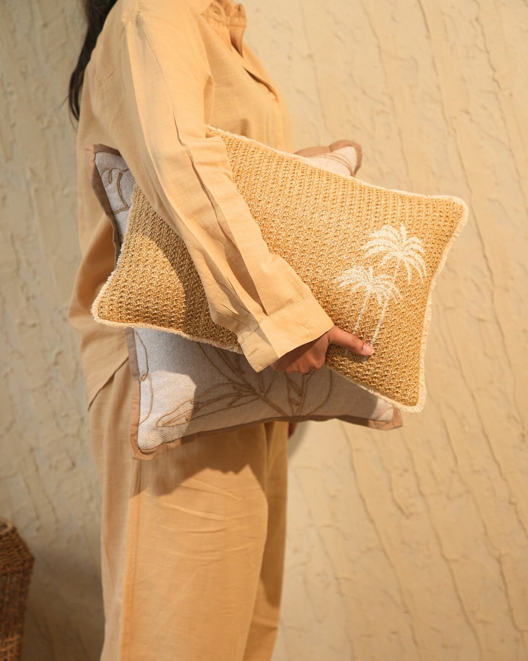 Coco Palm | Palm Springs Embroidered Oats Beige Cushion Cover (Size : 12"X18")