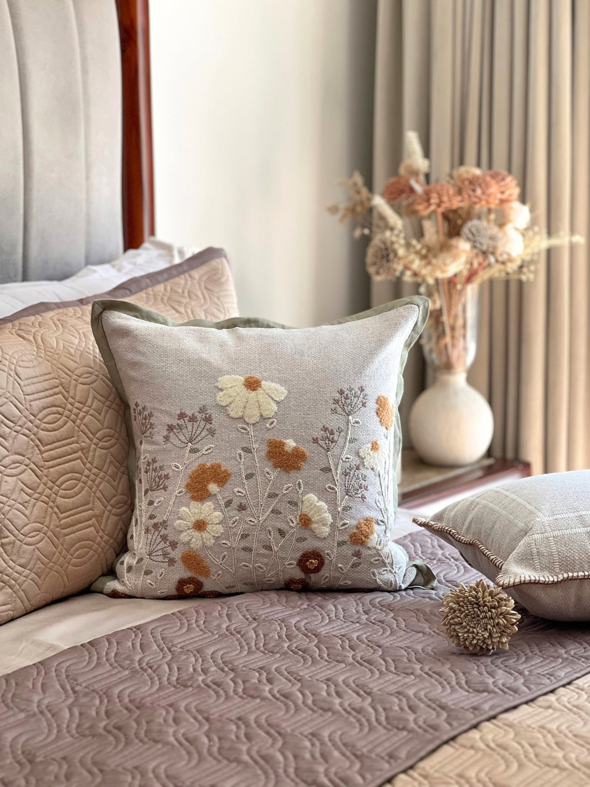 Dahlia Embroidered Beige Cushion Cover (Size : 16"X16")