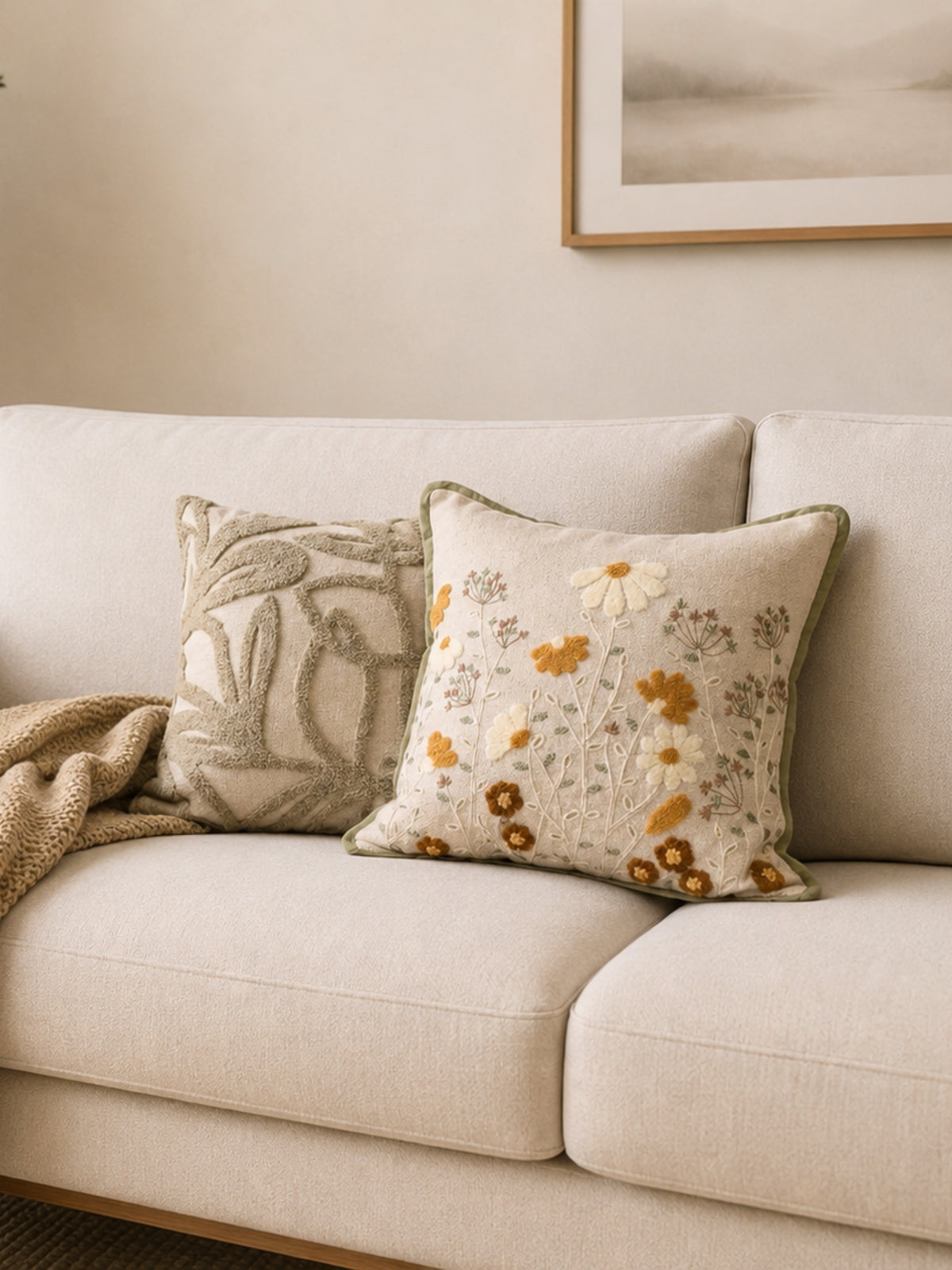 Dahlia Embroidered Beige Cushion Cover (Size : 16"X16")