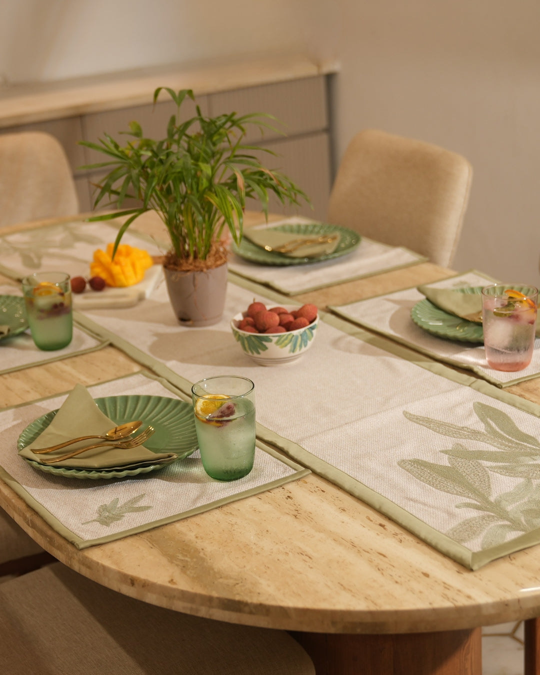 Palm Haven Beige and Green Table Linen Set (13 PC Set)