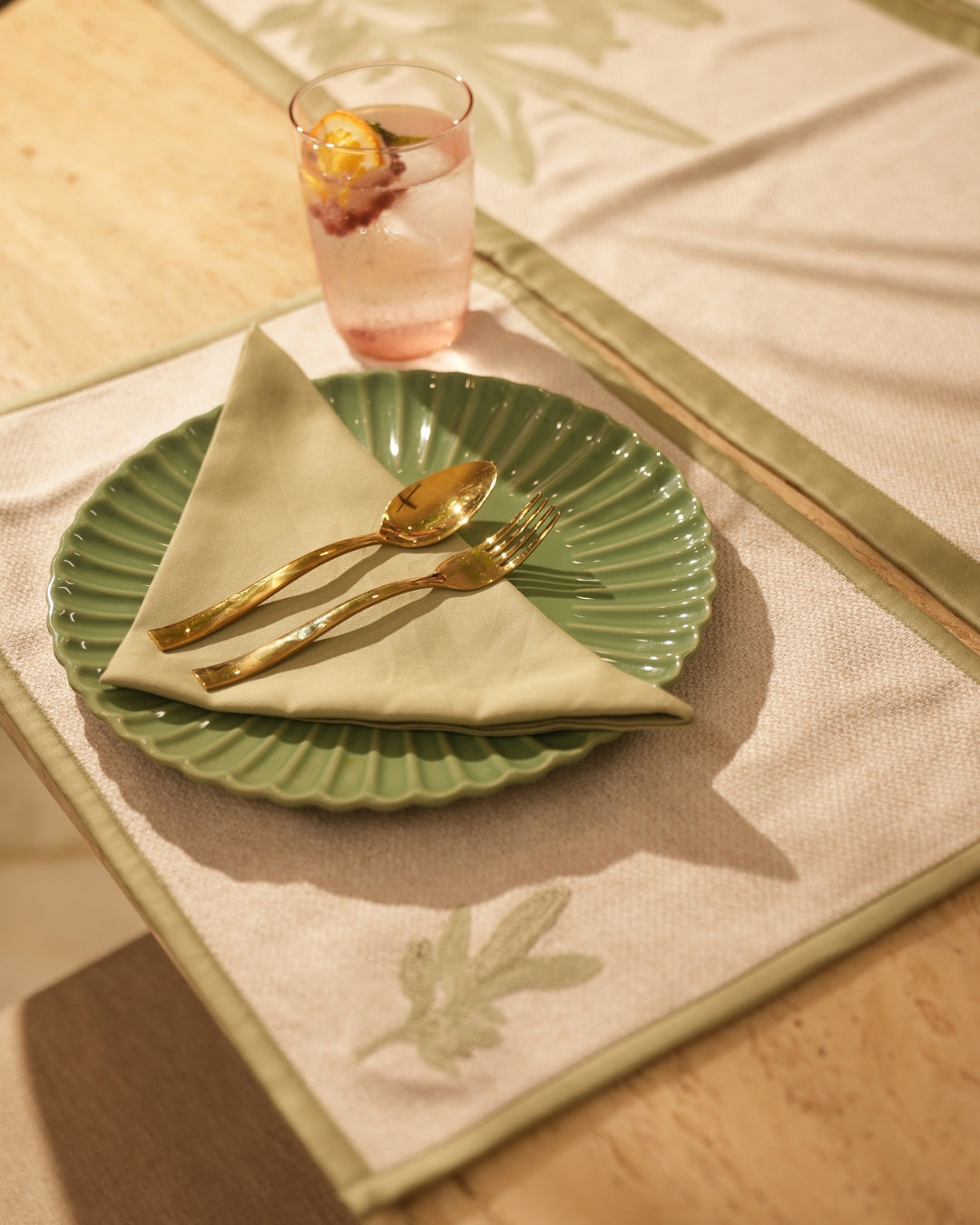 Palm Haven Beige and Green Table Linen Set (13 PC Set)