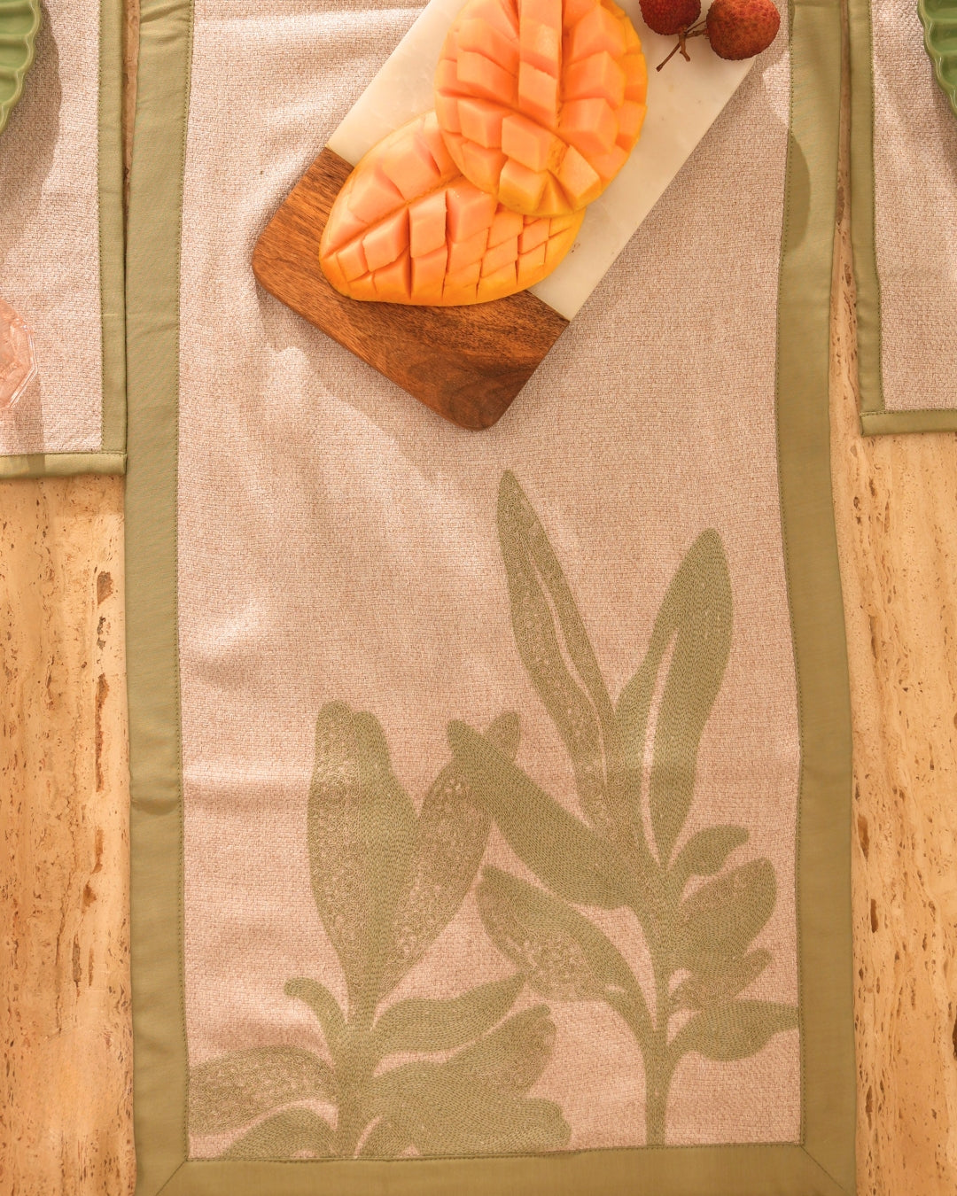 Palm Haven Beige and Green Table Linen Set (13 PC Set)