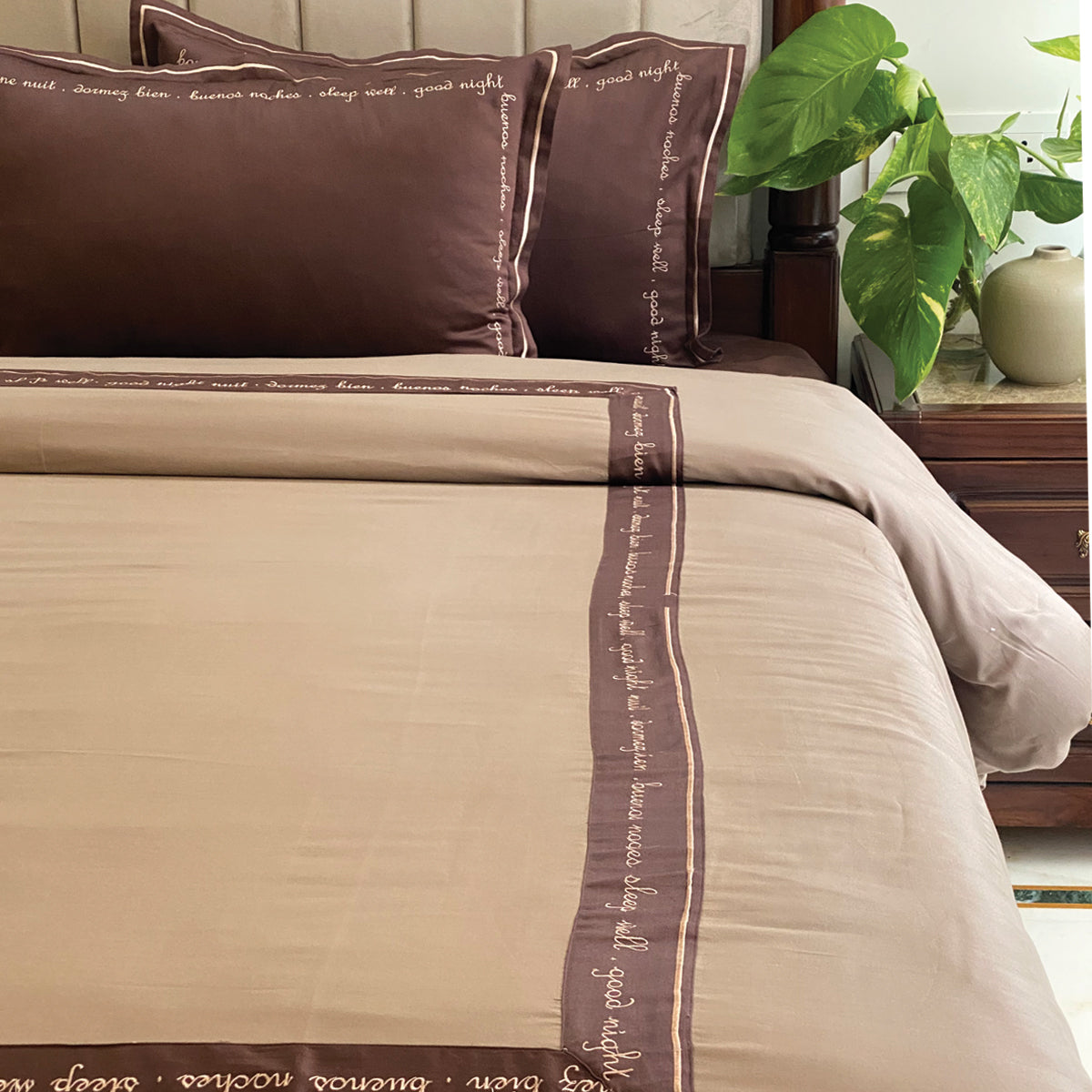 Sleep Well Good Night Coffee and Taupe Alpha Duvet Cover Set