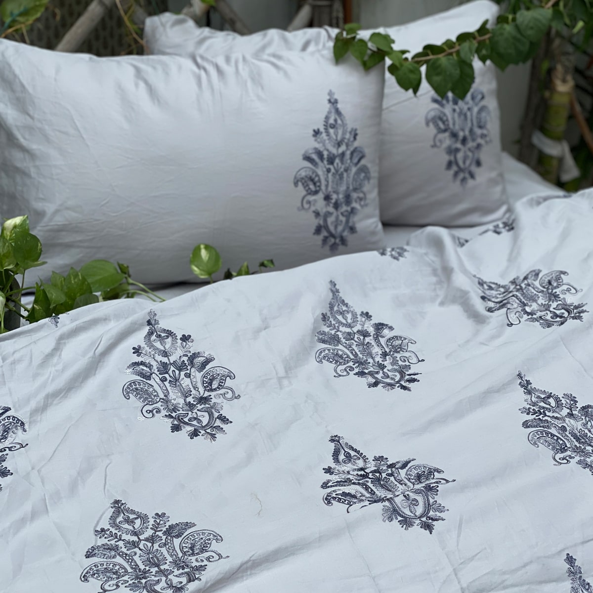 Willow Embroidered Grey Duvet Cover Set