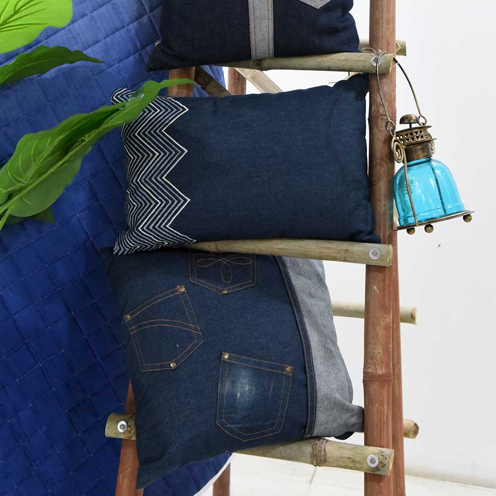 Oregon Denim Print Cushion Cover Denim Indigo Blue Embroidered Pillow Case 12" X 18"…